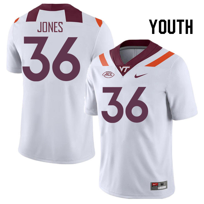 Youth #36 Brody Jones Virginia Tech Hokies College Football Jerseys Stitched Sale-White - Click Image to Close